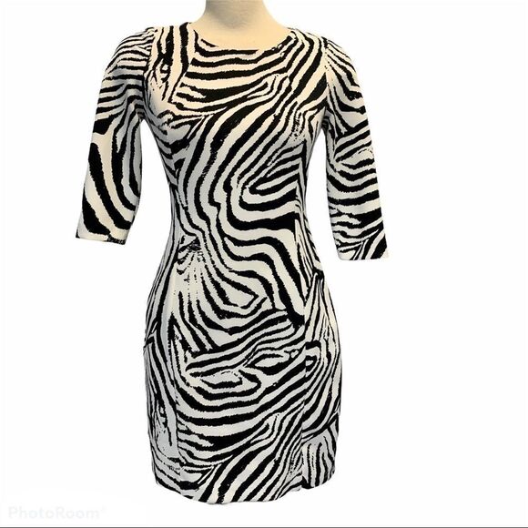 ZARA black White long Sleeve Zebra Print Bodycon cocktail mini Dress Sz M - Picture 7 of 13